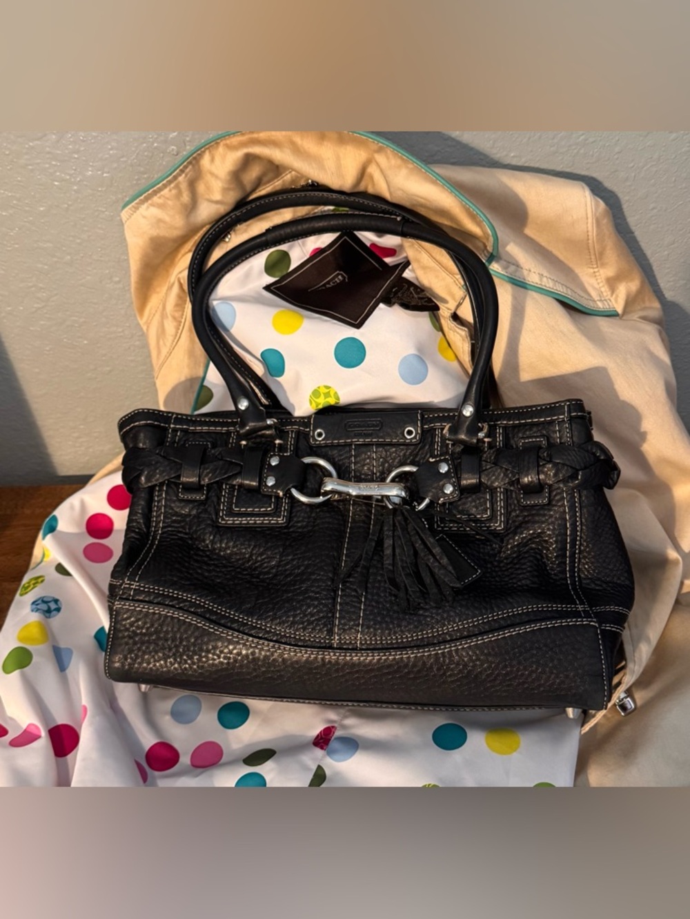 Coach Hamptons Braided Carryall Bag Black Pebble Leather F13084